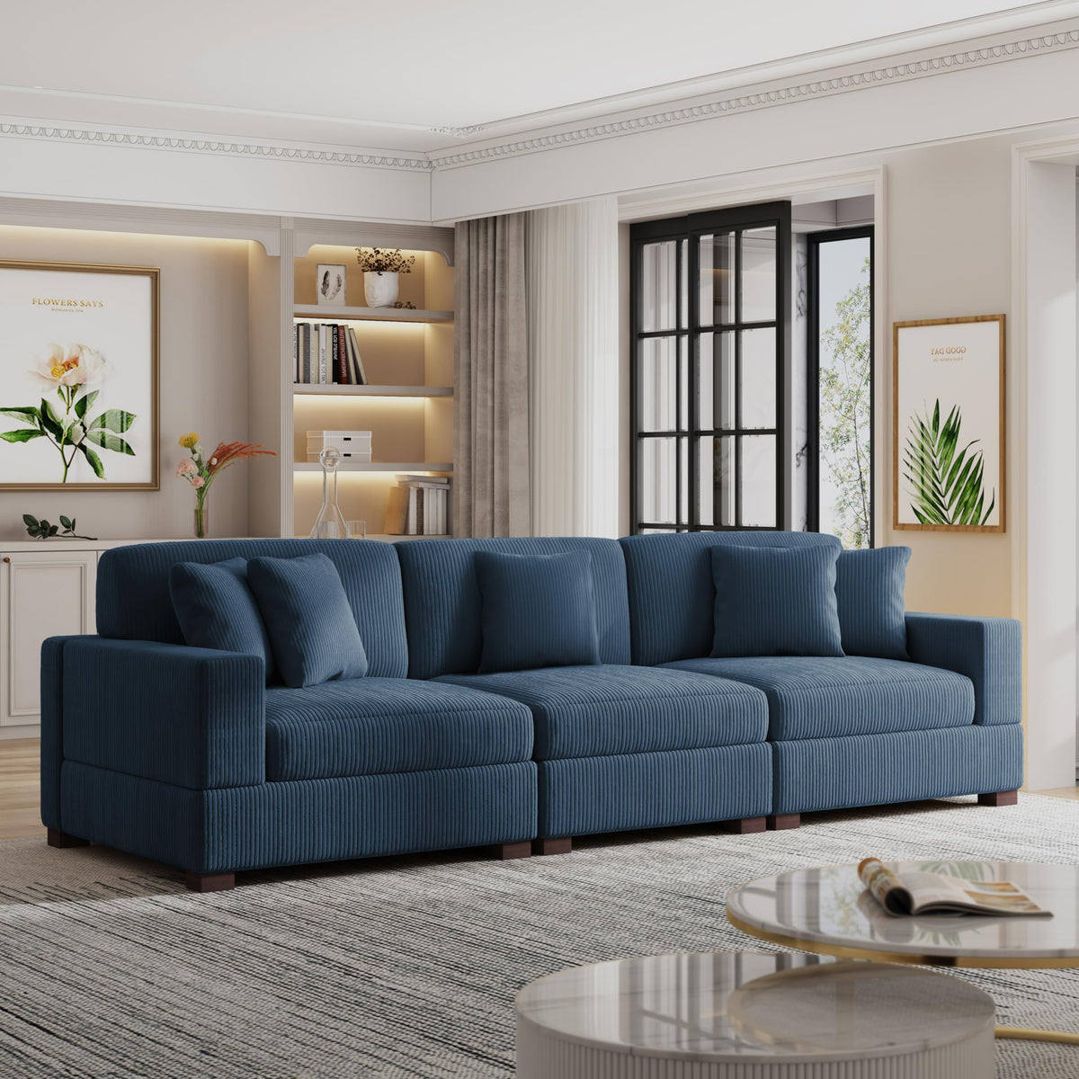 118.3" L-Shaped Modular Sectional Sofa with Chaise, Comfy Corduroy Fluffy Couch with Deep Seat, Flexible Module Combination for Living Room, Cotton Flannel Light Brown