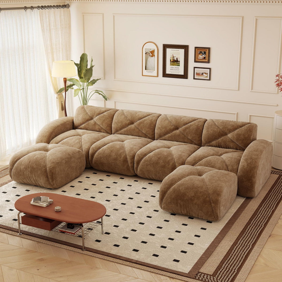 110.6" U Shaped Boneless Couch with Ottoman, Convertible Modular Sectional Cloud Sofa, Deep Seat 5 Seater Velvet Couch, 32D High Density Foam Sofas for Living Room, No Assembly Required, Camel