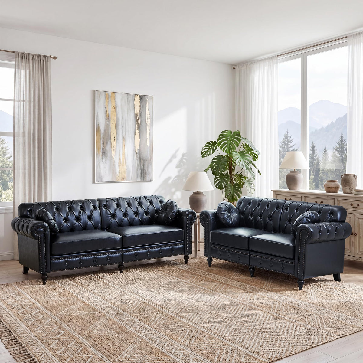 XUZENEST 3-Piece Chesterfield Sofa Set with 3-Seater Sofa&Loveseat&Chair