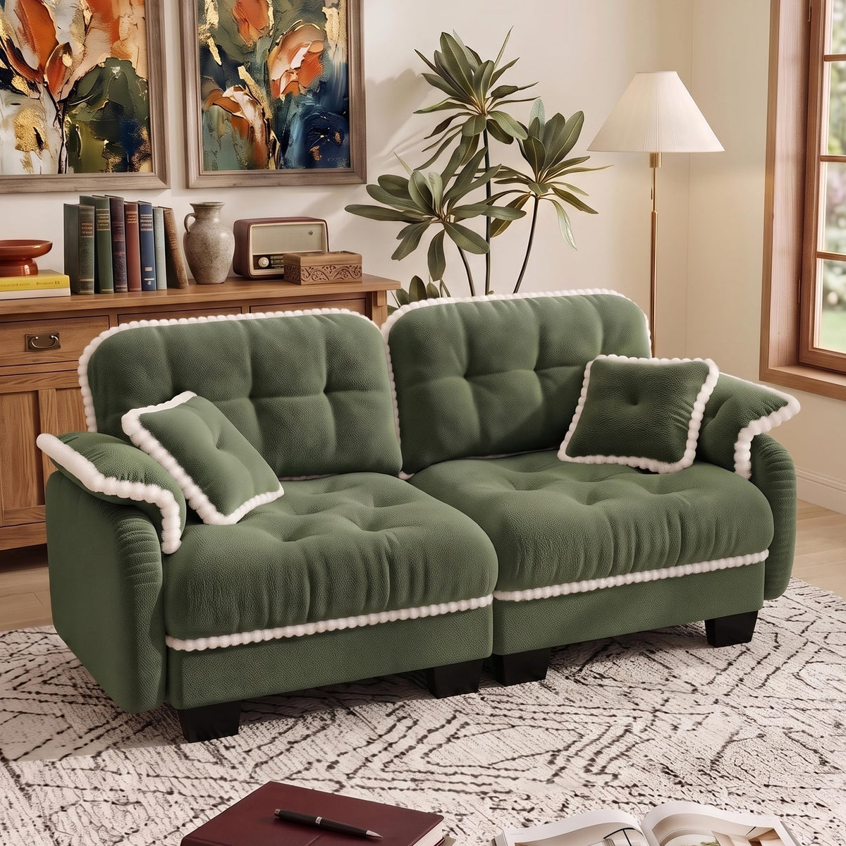 100.7" Chenille Cloud 3-Seater Sofa, Tufted Deep Seat Couch with Pom-Pom Trim & 4 Pillows, Ergonomic Easy Assembly Modular Sofa for Living Room & Apartment（Green ）
