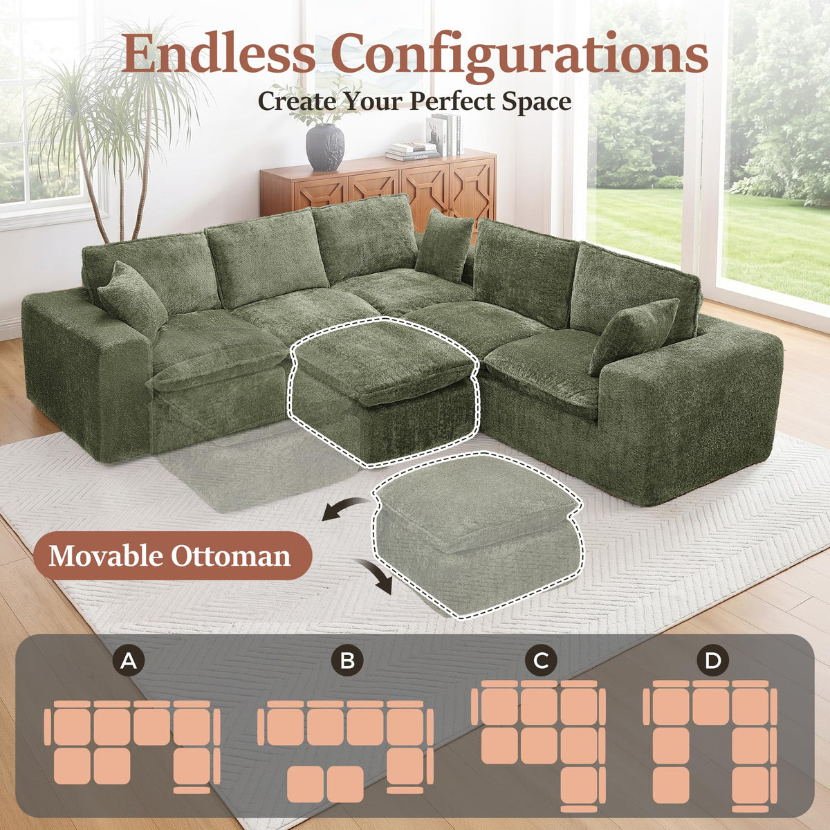 107'' Modular Sectional Sleeper Sofa, 5 Seater Corner Couch, Modern L Shaped Sectional Couch with Ottoman, Boneless Cloud Couches for Living Room (Green, L Shaped Sofa (5+2))