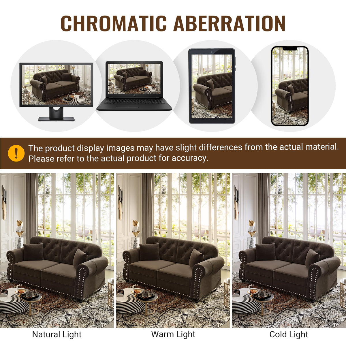 Velvet Chesterfield Sofa with Rolled Arms & Nailhead Trim, Modular Sectional Sofa Couches, Modern Cloud Sofa with Button Tufted, for Living Room, Bedroom, Small Space (Brown, 3 Seat+3 Ottoman)