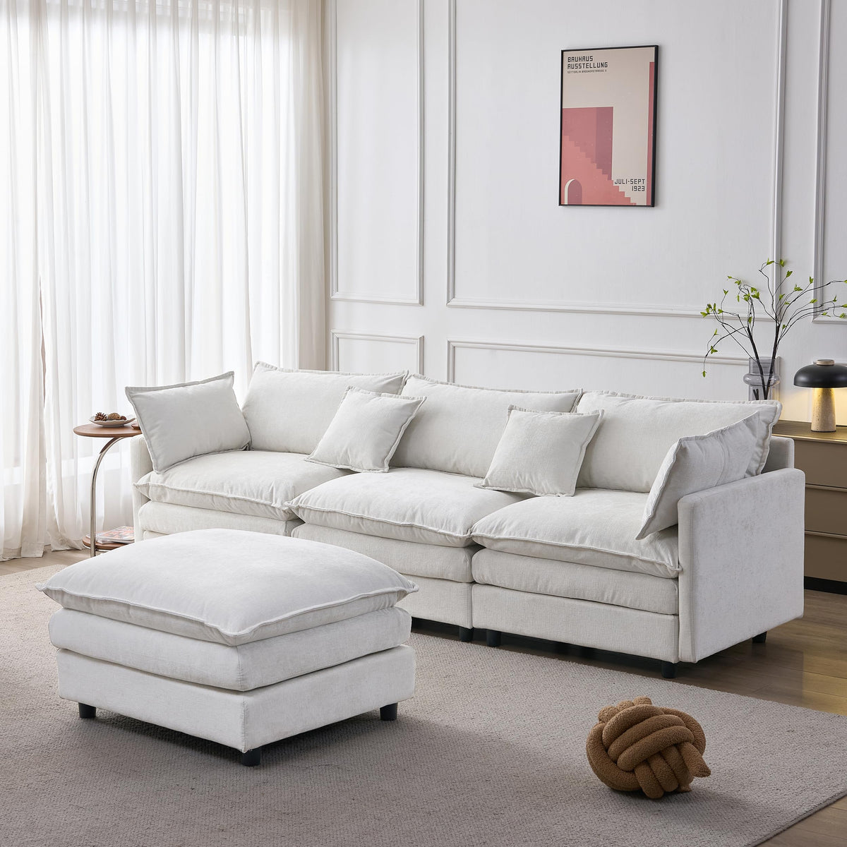 105 Inch Modular L Shaped Sofa with Ottoman, 3 Seater Chenille Fabric Sectional Couch, Independent Pocket Spring & High Density Foam Cushion, Solid Wood Frame Tool (Three White Seats)