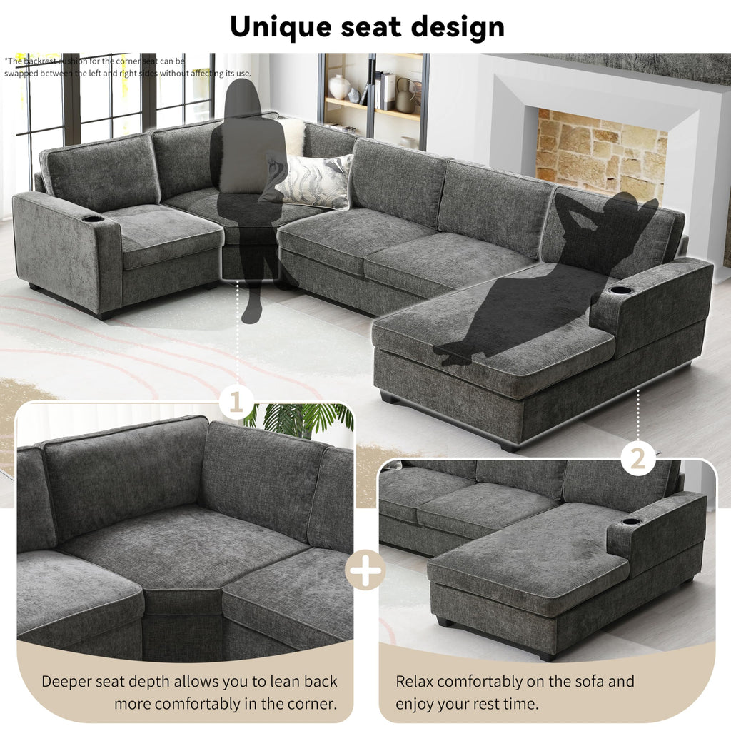 119" U Shaped Sectional Sofa, 6 Seat Chenille Corner Couch Set with Cup Holders, Oversized Chaise Lounge, Irregular Corner, Deep and Wide Seat, Comfy Sofa for Living RoomApartment, 2 Colors
