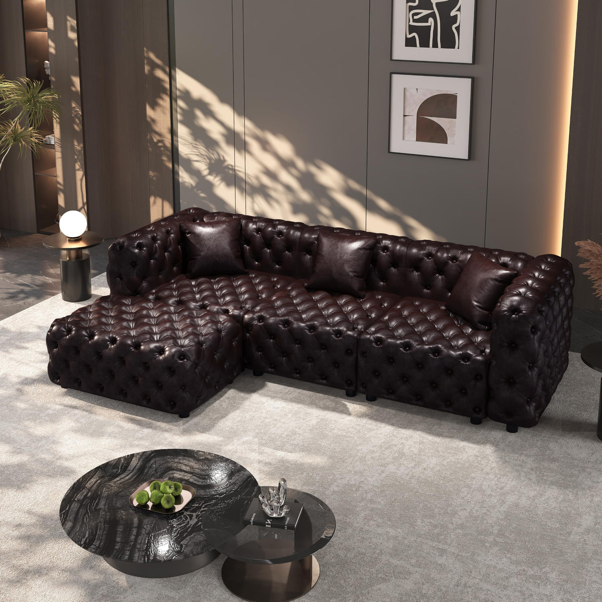 106" L Shaped Faux Leather Couch, Chesterfield Sofa Set-Dark Brown