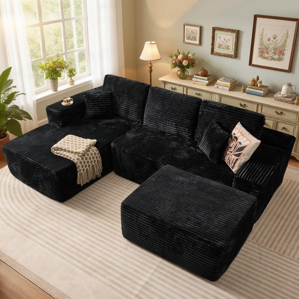 106" Cloud Sectional Couch with L-Shape Chaise & Ottoman, No Assembly Modular Sofa, Deep Seat Plush Corduroy Boneless Couched for Living Room (Black Plush Corduroy, L Shape with Ottoman-Left Facing)