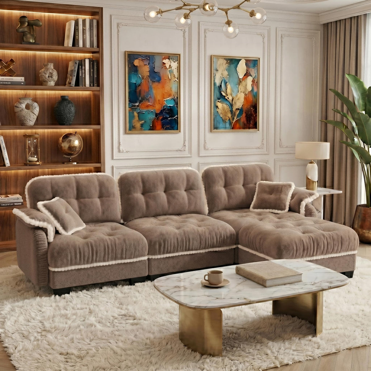 100.7" Chenille Cloud 3-Seater Sofa, Tufted Deep Seat Couch with Pom-Pom Trim & 4 Pillows, Ergonomic Easy Assembly Modular Sofa for Living Room & Apartment（Green ）