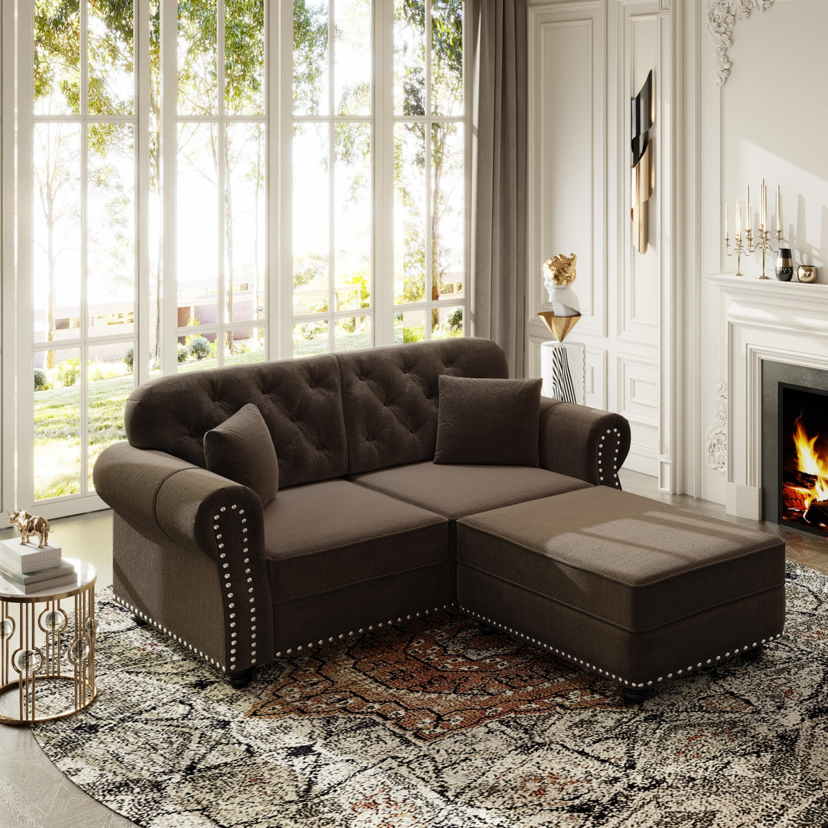 Velvet Chesterfield Sofa with Rolled Arms & Nailhead Trim, Modular Sectional Sofa Couches, Modern Cloud Sofa with Button Tufted, for Living Room, Bedroom, Small Space