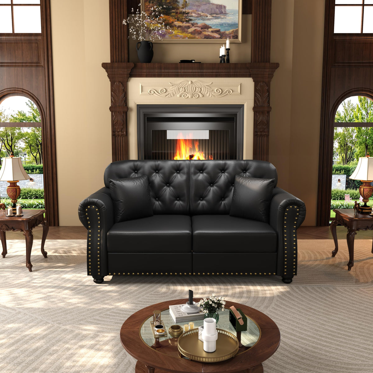 Velvet Chesterfield Sofa with Rolled Arms & Nailhead Trim, Modular Sectional Sofa Couches, Modern Cloud Sofa with Button Tufted, for Living Room, Bedroom, Small Space