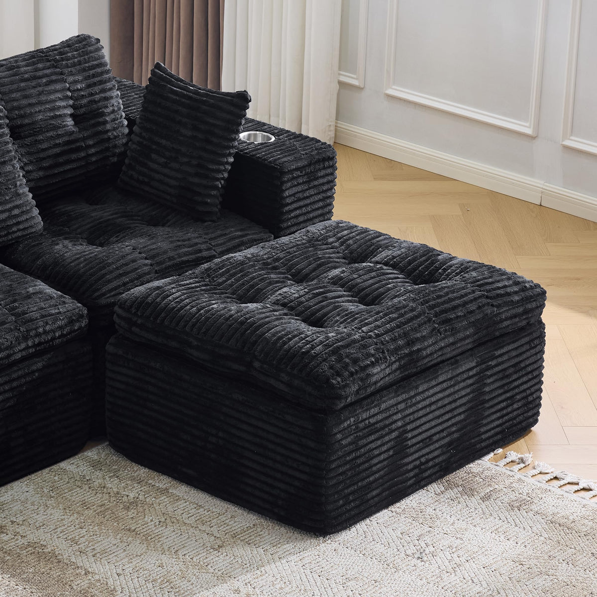 108.08" Boneless Sectional Couch, Modern U Shaped Modular Sectional Sofa Corduroy Upholstered for Living Room Oversized Deep Seat Cloud Couch with 2 Ottoman, No Assembly, Black