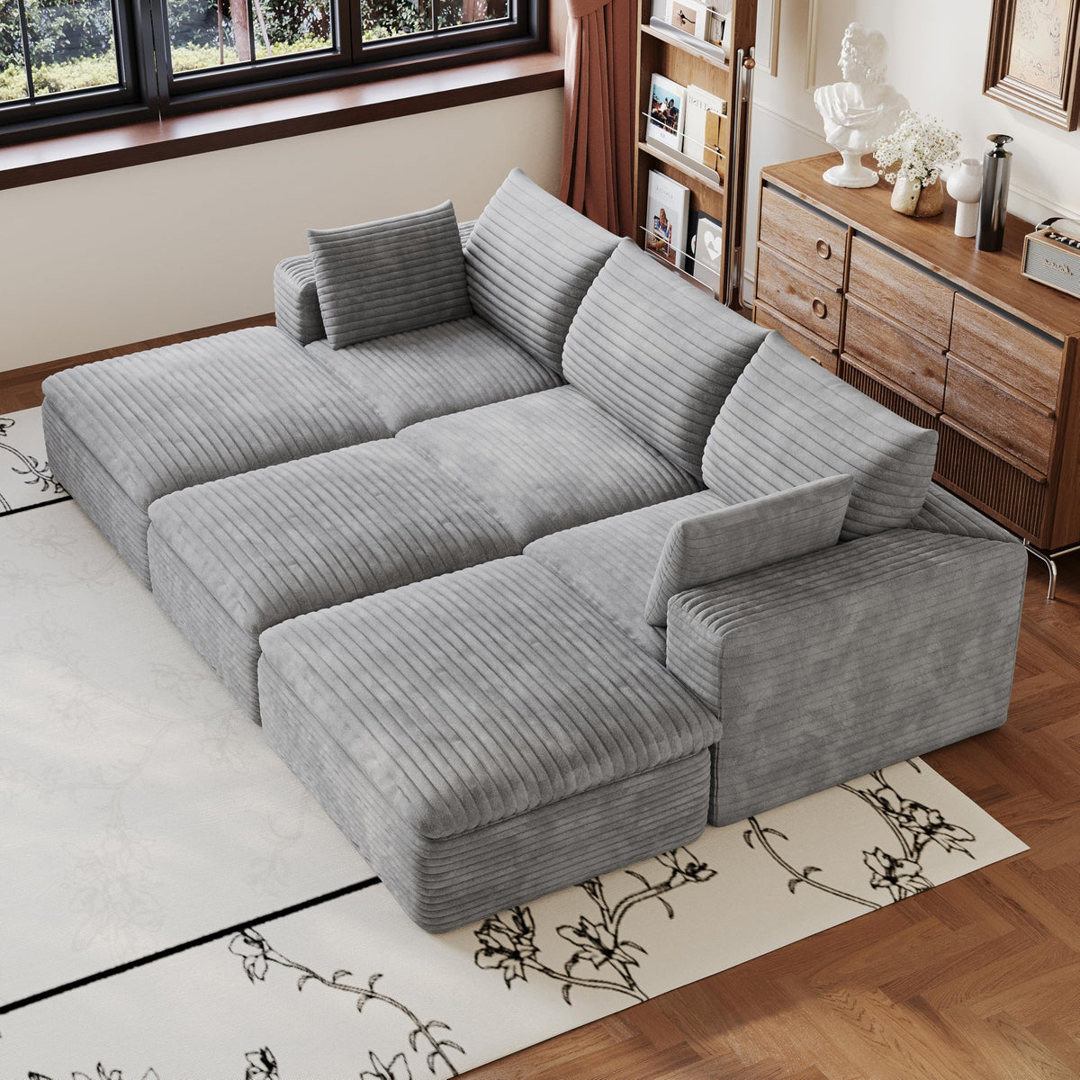 102" Oversized Boneless Modular Sectional Sofa Cloud Couch with 3 Ottomans Convertible Sleeper Sofa Bed for Living Room - No Assembly Floor Compression Sofa with Memory Foam and Deep Seat