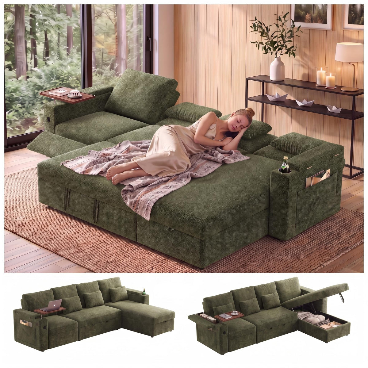 108" L Shaped Sleeper Sofa Bed,3 in 1 Pull Out Chenille Convertible Sectional Couch With Storage&Reclining Backrest For Living Room With USB|Type-C Port|Foldable Table|Cup Holder|Side Pocket,Khaki