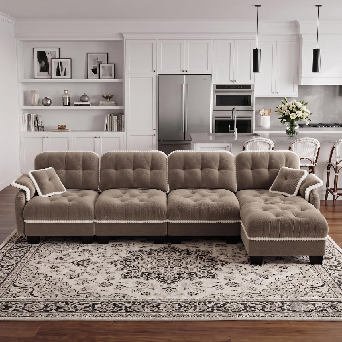 100.7" Chenille Cloud 3-Seater Sofa, Tufted Deep Seat Couch with Pom-Pom Trim & 4 Pillows, Ergonomic Easy Assembly Modular Sofa for Living Room & Apartment（Green ）