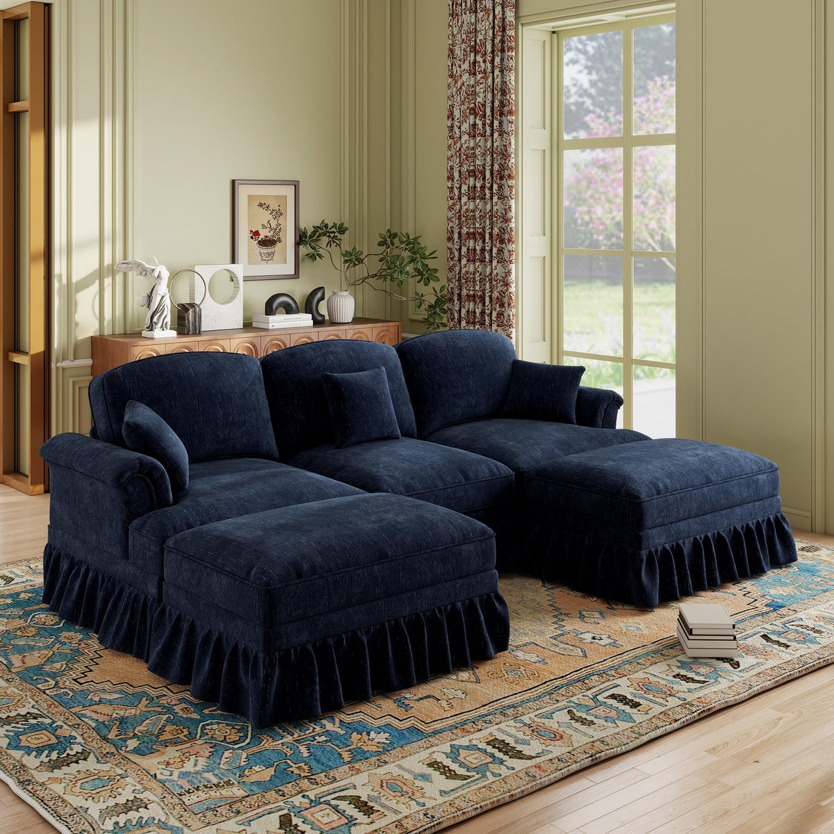 107'' Modern Sectional Sofa, Upholstered U-Shaped Couch with Removable Ruffles Pleats Skirts, Silver Chenille Cloud Couch, Ottoman, Flared Arms, 4-Seat Couches for Living Room, Bedroom, Camel