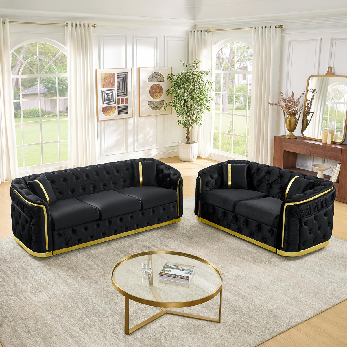 Velvet Chesterfield Sofa Set, 3-Seater and Loveseat