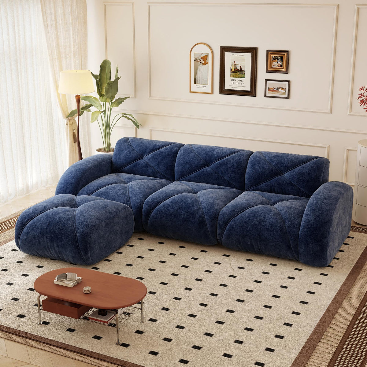 110.6" U Shaped Boneless Couch with Ottoman, Convertible Modular Sectional Cloud Sofa, Deep Seat 5 Seater Velvet Couch, 32D High Density Foam Sofas for Living Room, No Assembly Required, Camel