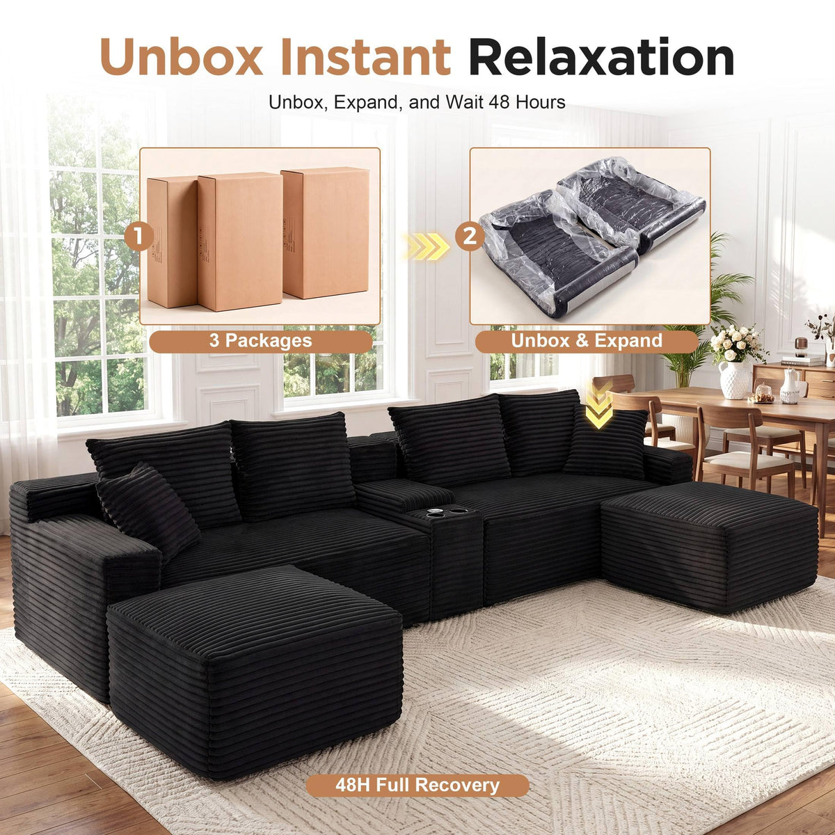 127” U-Shaped Cloud Sectional Couch for Living Room, Modern Boneless Corduroy Sofa with Chaise ‌and Console, Include 2 Cup Holders, Storage Space and USB Ports, No Assembly Required, Black
