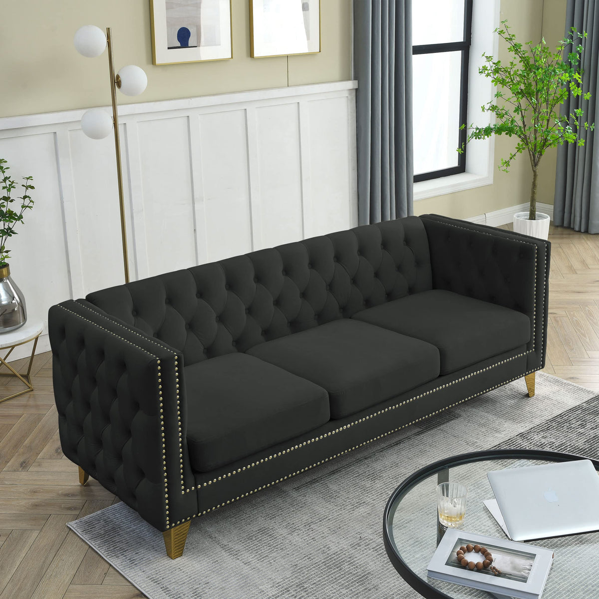 Velvet Upholstered Sofa, Buttons Tufted Couch with Square Arms, Modern Living Room Sofa with Metal Legs, Black Velvet