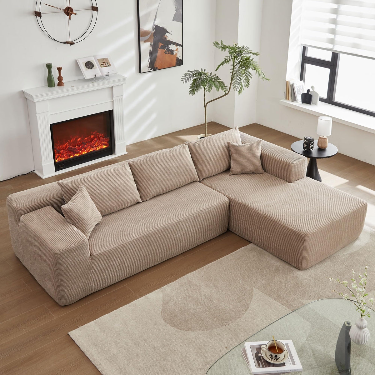 104" L-Shape Modular Sectional Sofa Couch,Comfy Upholstered Cloud Couch for Living Room,Modern Minimalist Couches,Deep Seat,No Assembly Required (Black,Plush Corduroy, Right Facing Chaise w/Ottoman)