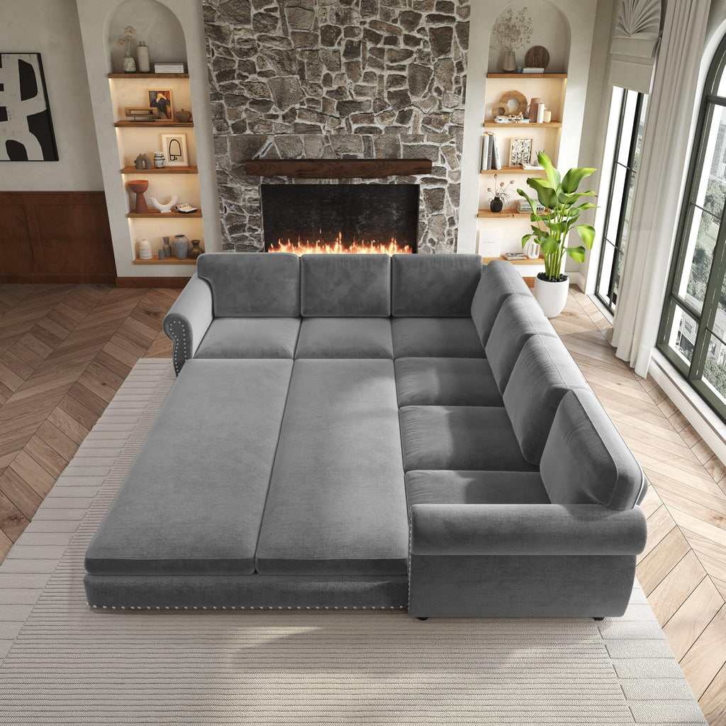 118'' Pull Out Couch, Convertible Sleeper Sofa Bed, Upholstered Sectional Sofa, Chenille L-Shaped Couch with Nailhead Trim, Modern Sectional Couches for Apartment, Living Room, Light Grey