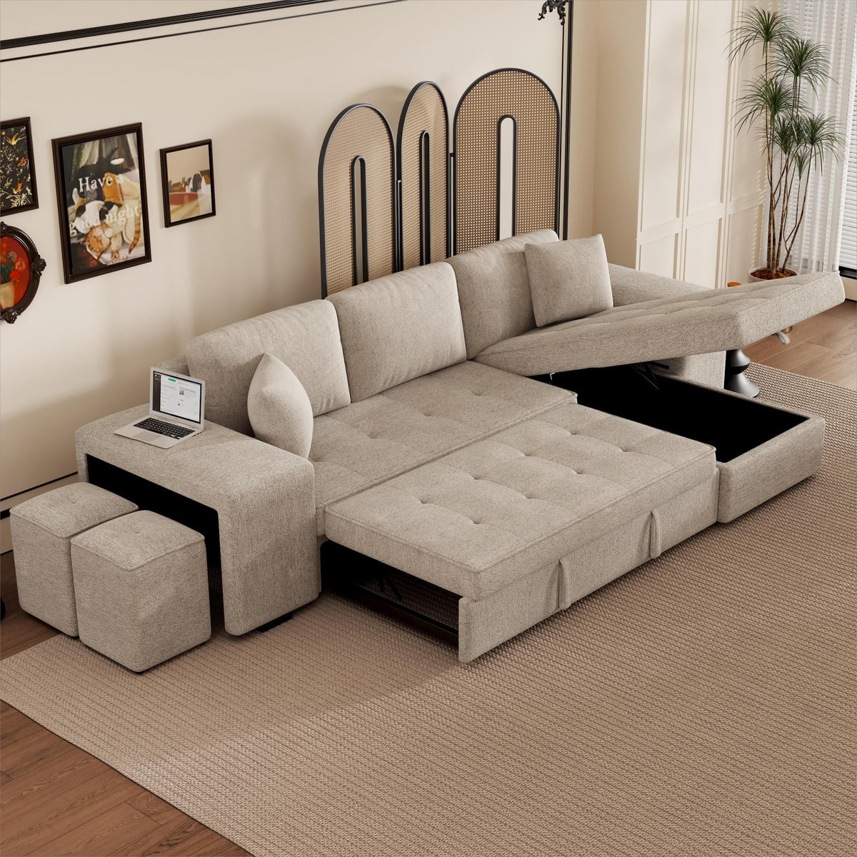 104.5" Sleeper Sectional Sofa Bed, L-Shaped Pull Out Couch