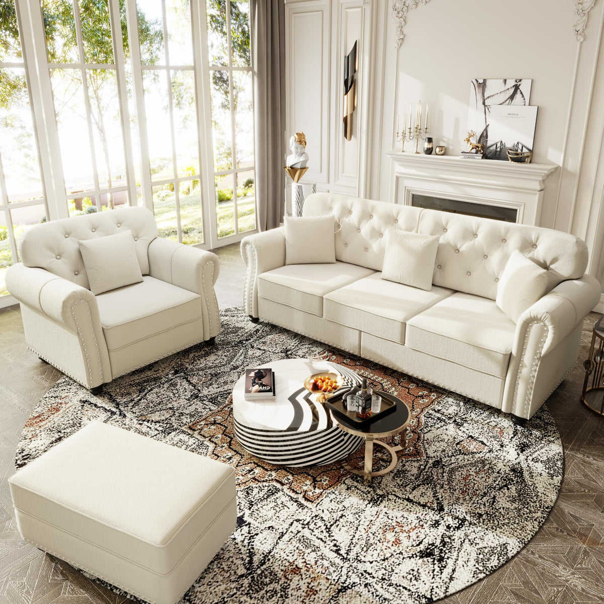 Velvet Chesterfield Sofa with Rolled Arms & Nailhead Trim, Modular Sectional Sofa Couches, Modern Cloud Sofa with Button Tufted, for Living Room, Bedroom, Small Space