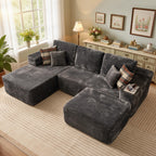 106" Cloud Sectional Couch with L-Shape Chaise & Ottoman, No Assembly Modular Sofa, Deep Seat Plush Corduroy Boneless Couched for Living Room (Black Plush Corduroy, L Shape with Ottoman-Left Facing)
