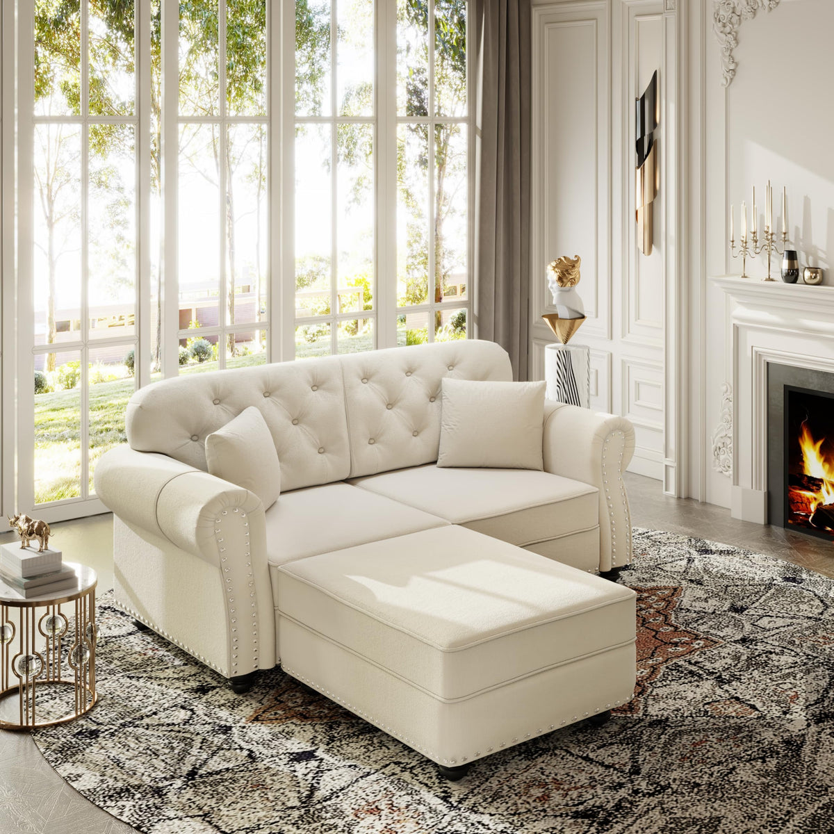 Velvet Chesterfield Sofa with Rolled Arms & Nailhead Trim, Modular Sectional Sofa Couches, Modern Cloud Sofa with Button Tufted, for Living Room, Bedroom, Small Space
