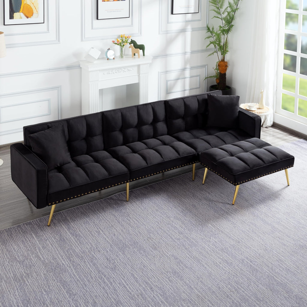 107in Sectional Sleeper Sofa with Split Back, Velvet, Golden Metal Legs, 5 Adjustable Positions, 2 Toss Pillows