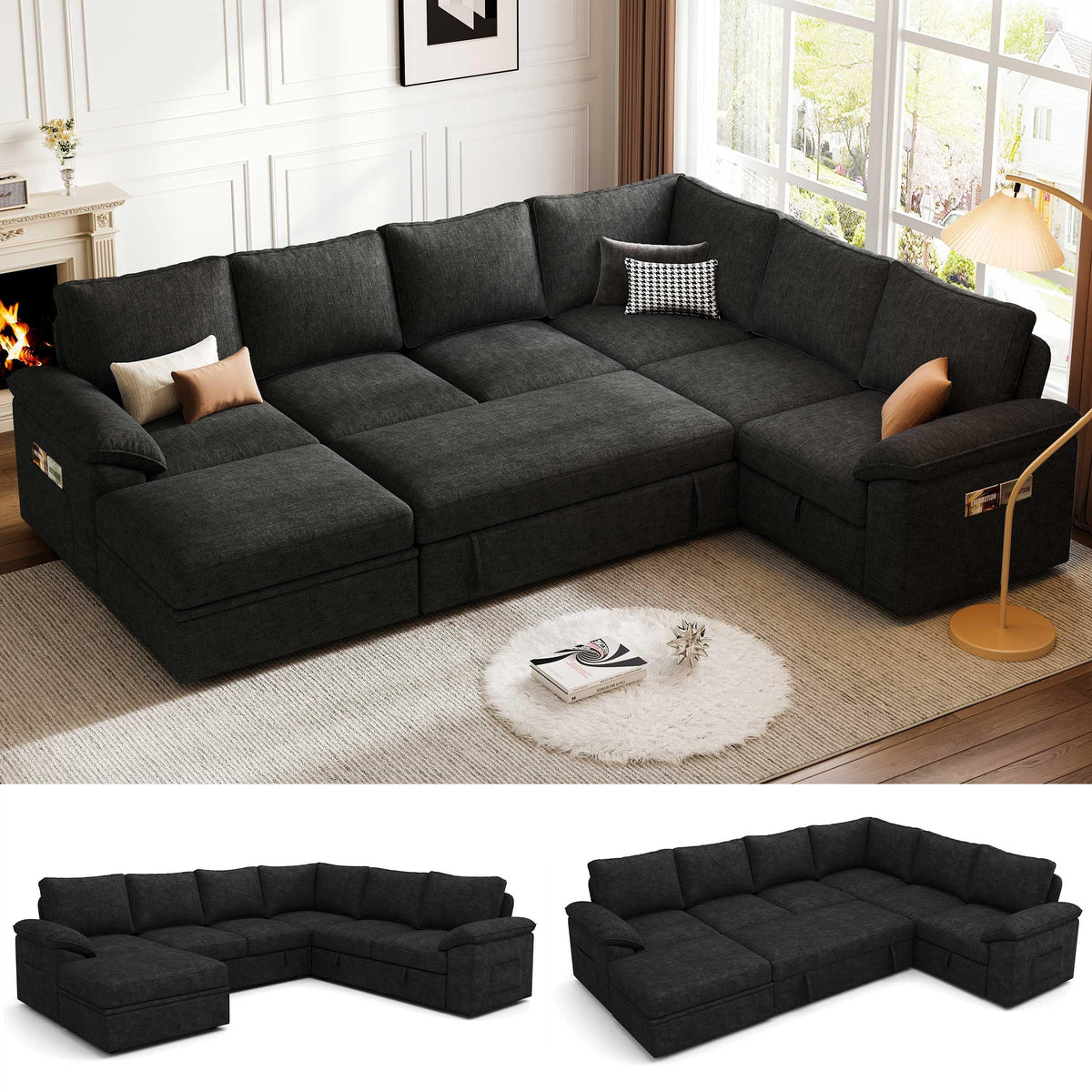 Weture 108" Modular U Shaped Sectional Sofa with Pull Out Sleeper Bed and Storage, 7 Seater Cloud Couch for Living Room, Light Grey
