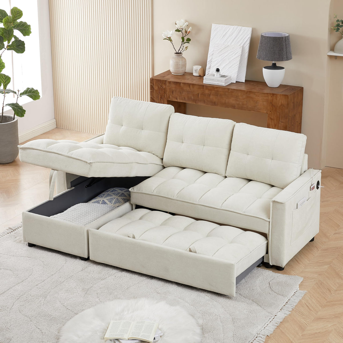 Tidyard Reclining Sectional Sofa, Pull Out Sleeper Bed with USB Charging Ports, 71.3 Inch L Shaped Couch with Storage, Chenille Fabric for Living Room