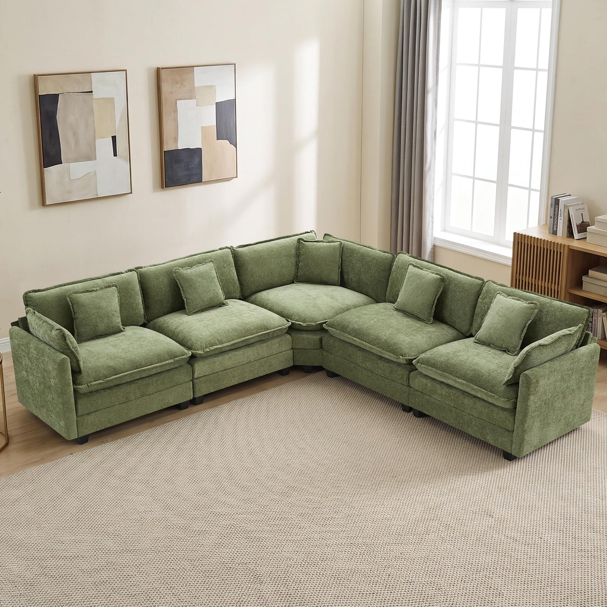 113" V-Shaped Cloud Couch, Modular Sectional for Living Room, Light Grey
