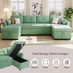 107" U-Shaped Pull-Out Couch Sectional Sofa Bed with USB Charging, Green