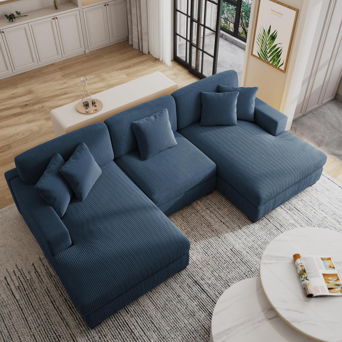118.3" L-Shaped Modular Sectional Sofa with Chaise, Comfy Corduroy Fluffy Couch with Deep Seat, Flexible Module Combination for Living Room, Cotton Flannel Light Brown