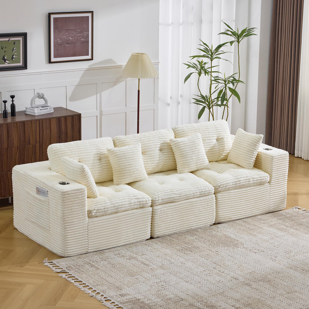 108.08" Boneless Sectional Couch, Modern U Shaped Modular Sectional Sofa Corduroy Upholstered for Living Room Oversized Deep Seat Cloud Couch with 2 Ottoman, No Assembly, Black