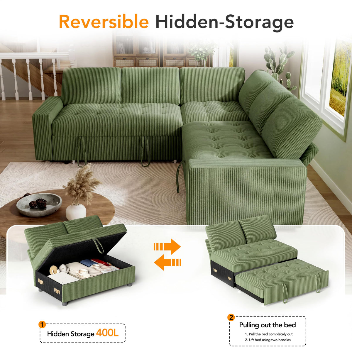 Vipbear Pull Out Sofa Bed Sectional Sleeper Sofa with Reclining Backrest & Storage, Corduroy Pullout Modular Sectional Couches with USB Charging, L Shaped Convertible Couch Bed for Apartment, Green