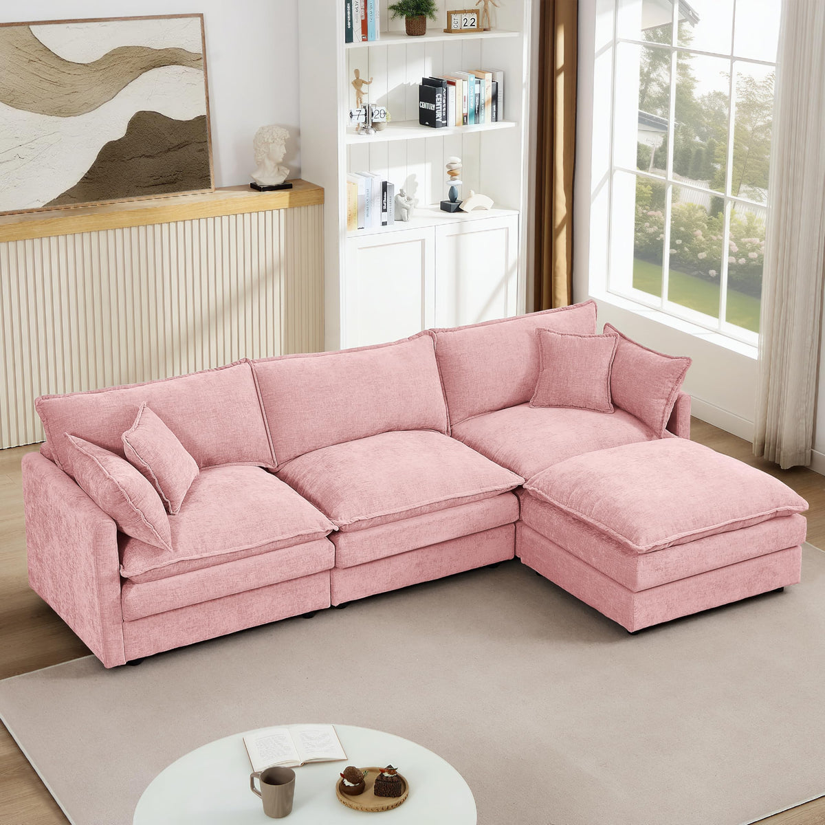 106" U-Shape Modular Sofa w/Ottoman, 4-Seater Chenille Cloud Couch, Coffee
