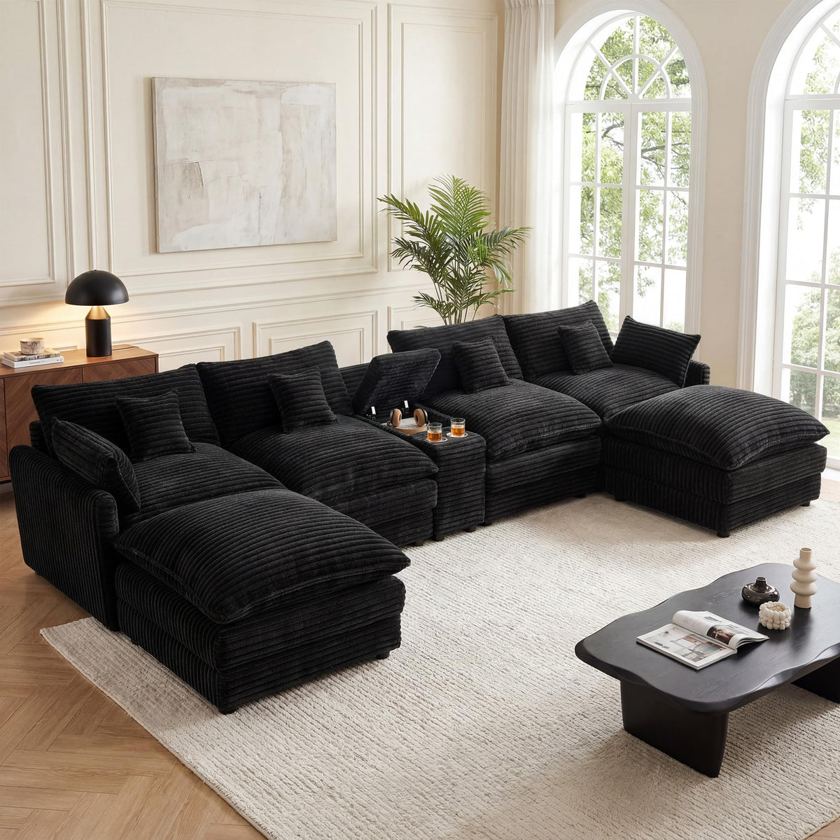 127" U-Shaped Boneless Sofa with Center Console for Living Room, Brown