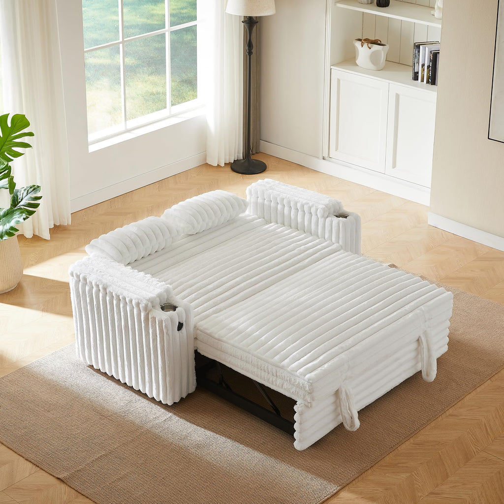 White Corduroy Sofa Bed with Pull Out Bed