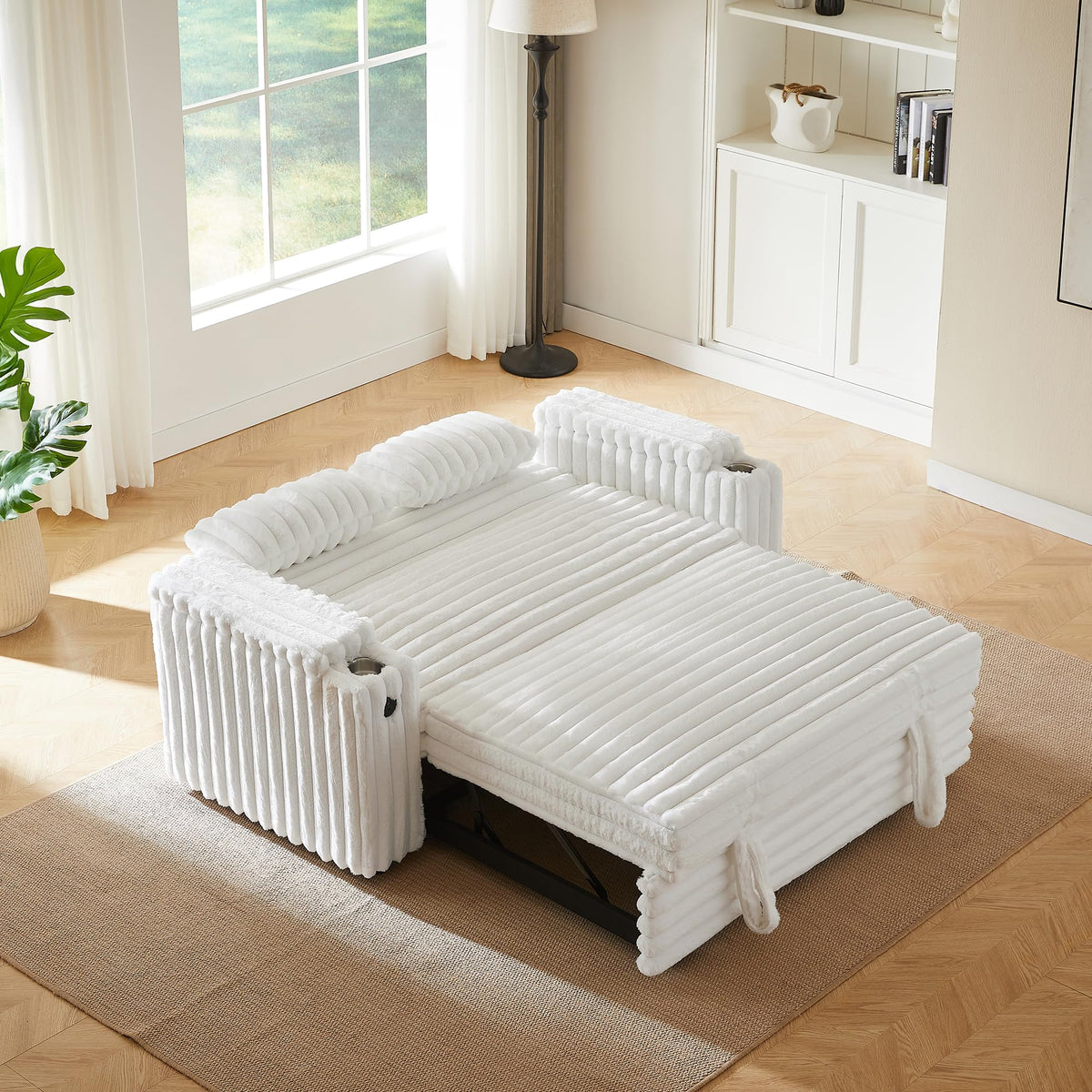 White Corduroy Sofa Bed with Pull Out Bed