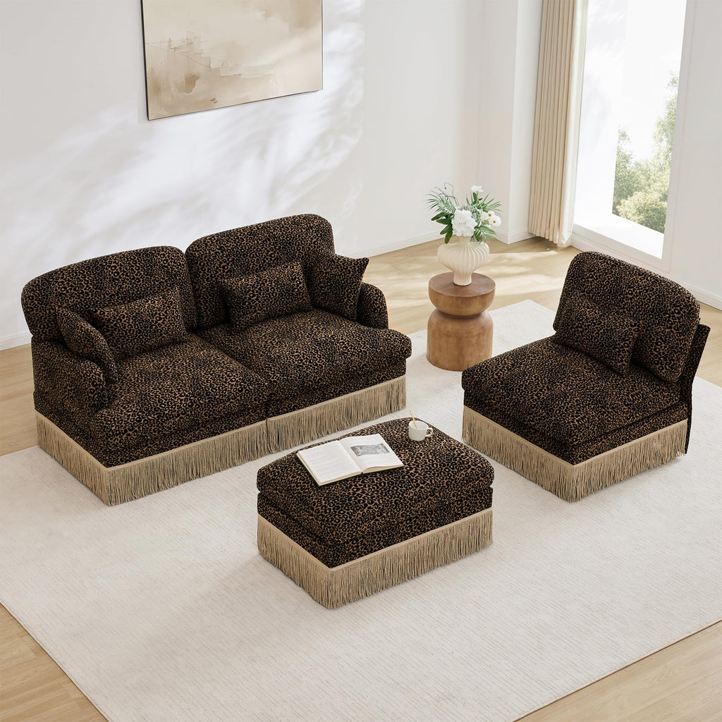 100" L Shaped Sectional Sofa with Ottoman, Chenille Leopard Print Couch
