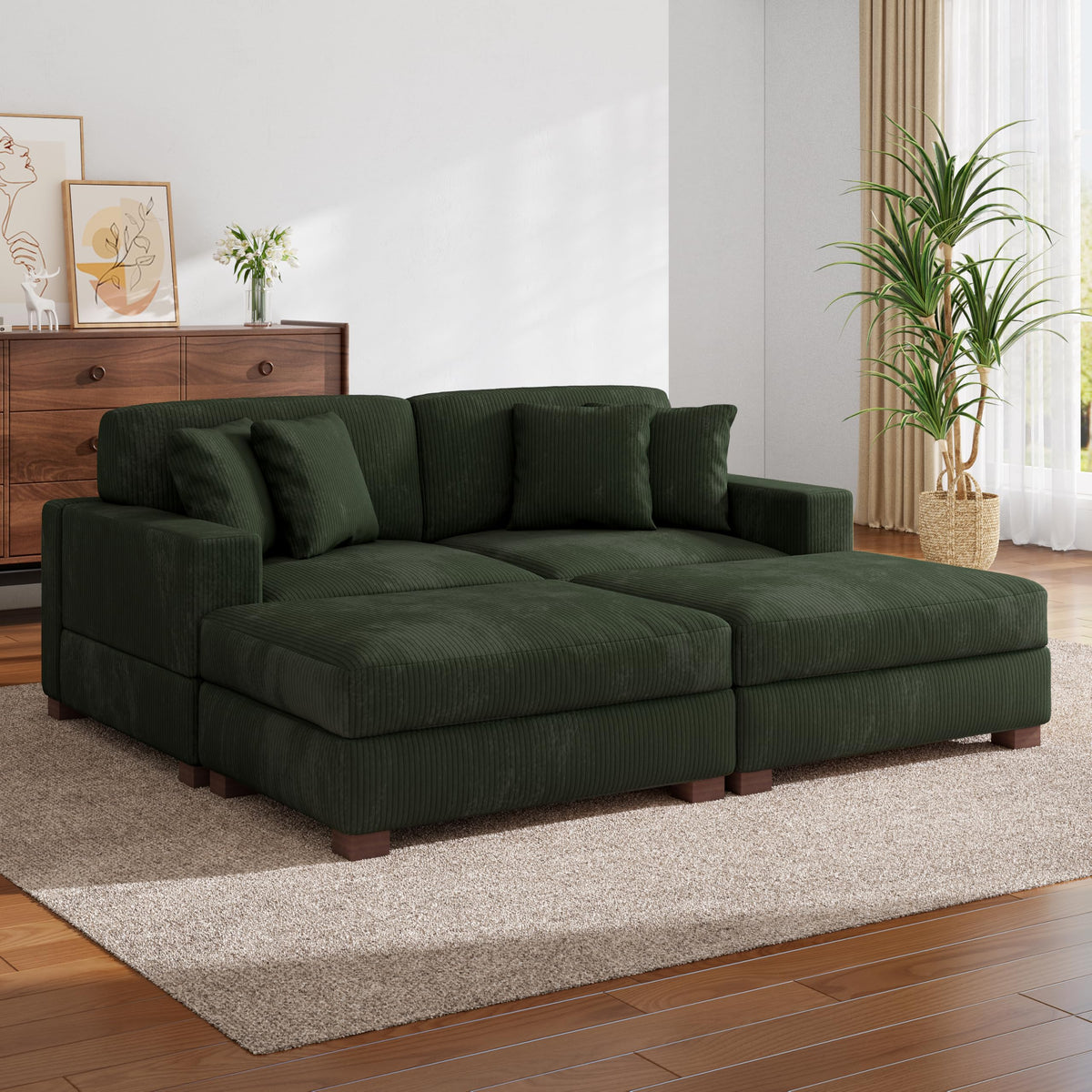 118.3" L-Shaped Modular Sectional Sofa with Chaise, Comfy Corduroy Fluffy Couch with Deep Seat, Flexible Module Combination for Living Room, Cotton Flannel Light Brown