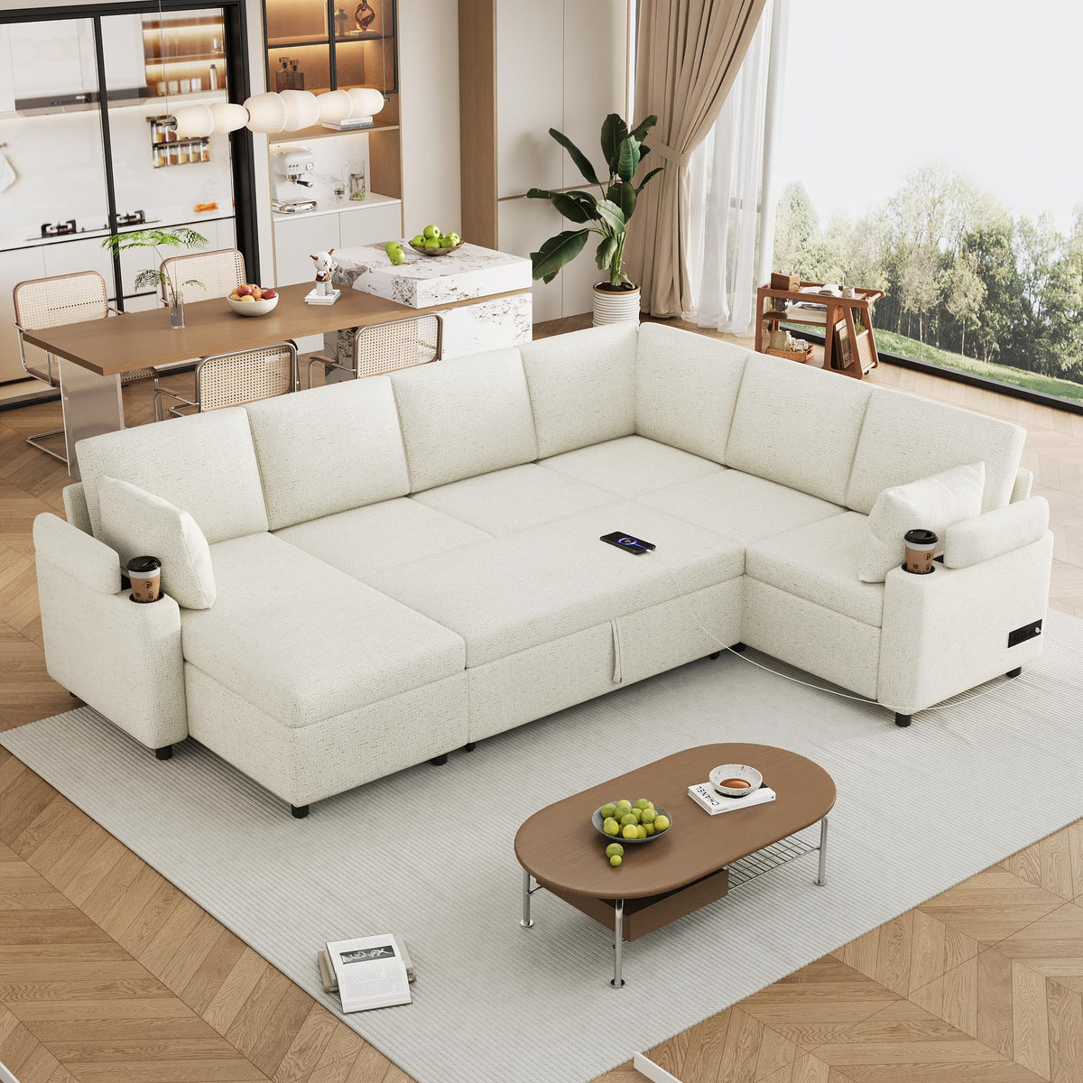 109.9" Sectional Sofa Sofa Bed Sofa Sleeper U Shaped Sofa with Ample Storage Space, Two Cup Holders and Charging Ports for Living Room, Beige
