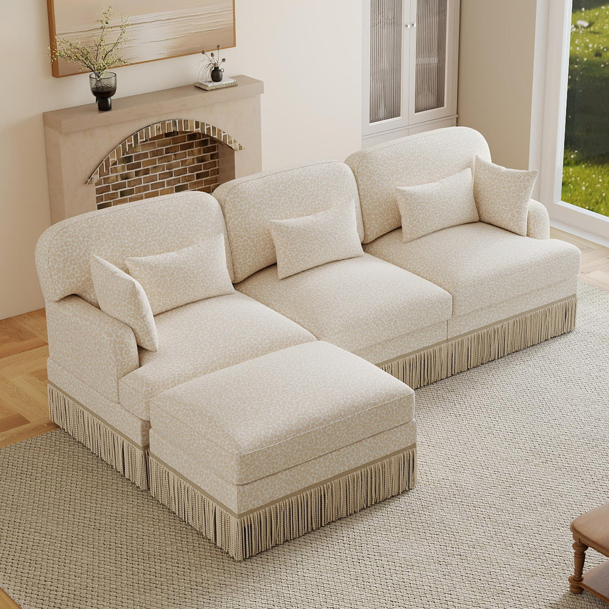 100" Leopard Print Chenille Modular Sectional Sofa with Tassels, L-Shaped Deep Seat Cloud Couch with Ottomans for Living Room, BGE-KHK