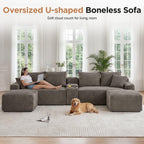 127" U-Shaped Boneless Sofa with Center Console for Living Room, Brown
