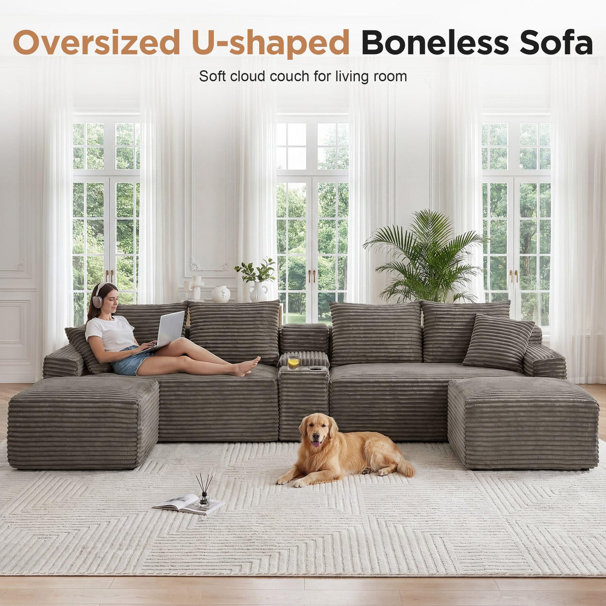 127" U-Shaped Boneless Sofa with Center Console for Living Room, Brown