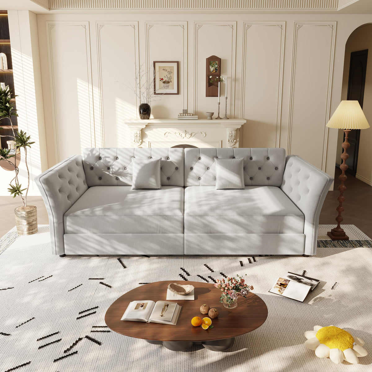 100" Oversize Pull Out Sofa Bed, Convertible Sleeper Sofa with Handmade Fabric Flower Tufted Design,Multi Functional Velvet Loveseat Bed for Living Room,Bedroom,Apartment,Light Grey