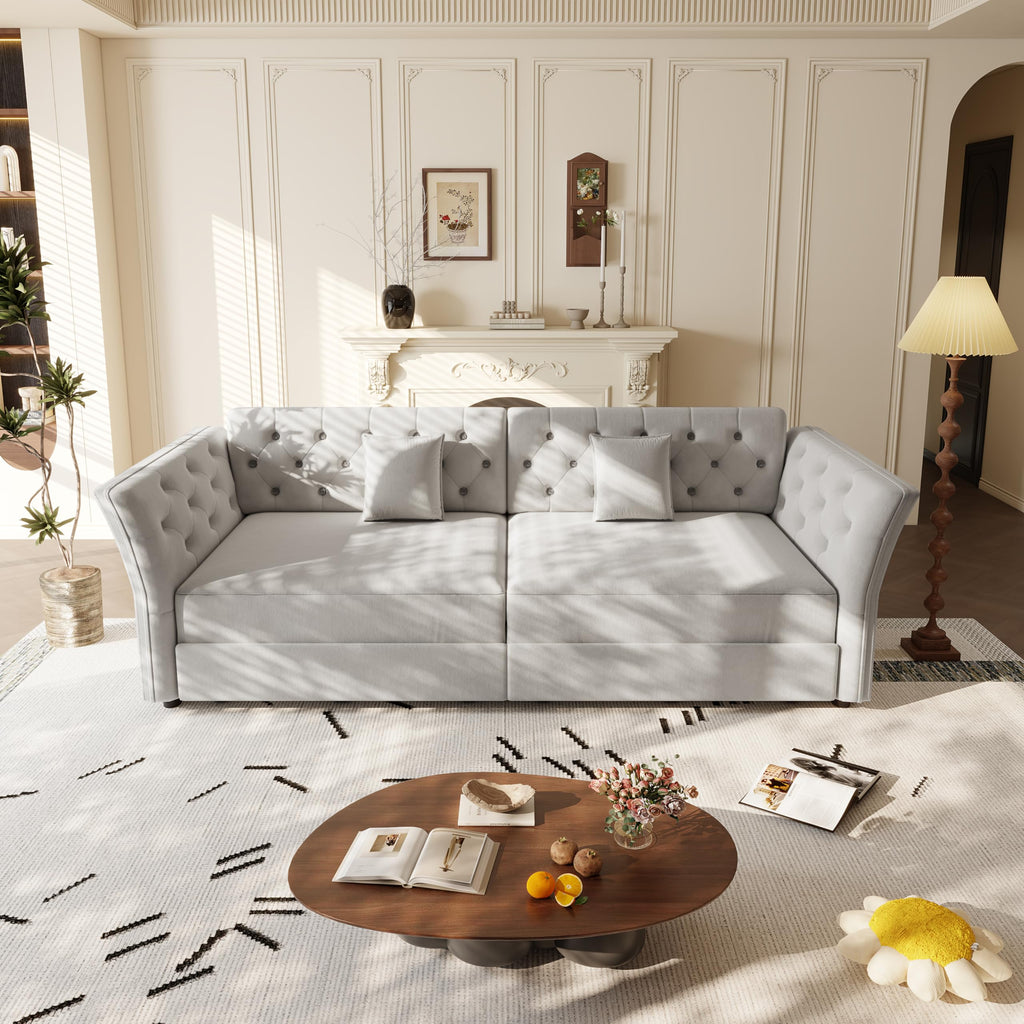 Velvet Pull Out Sofa Bed, Convertible Sleeper Sofa with Deep Seat, Handmade Tufted Back and 2 Pillows, Compact Couch Bed for Small Living Room, Apartment (Light Grey, 100")