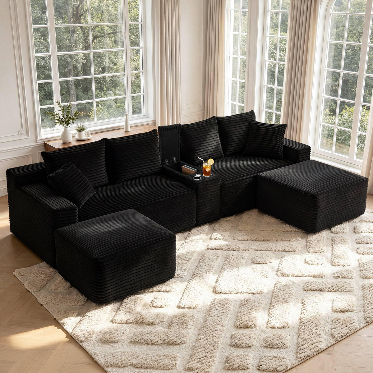 127” U-Shaped Cloud Sectional Couch for Living Room, Modern Boneless Corduroy Sofa with Chaise ‌and Console, Include 2 Cup Holders, Storage Space and USB Ports, No Assembly Required, Black