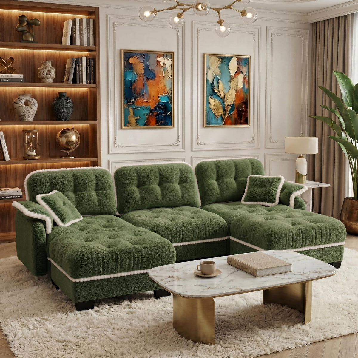 100.7" Chenille Cloud 3-Seater Sofa, Tufted Deep Seat Couch with Pom-Pom Trim & 4 Pillows, Ergonomic Easy Assembly Modular Sofa for Living Room & Apartment（Green ）